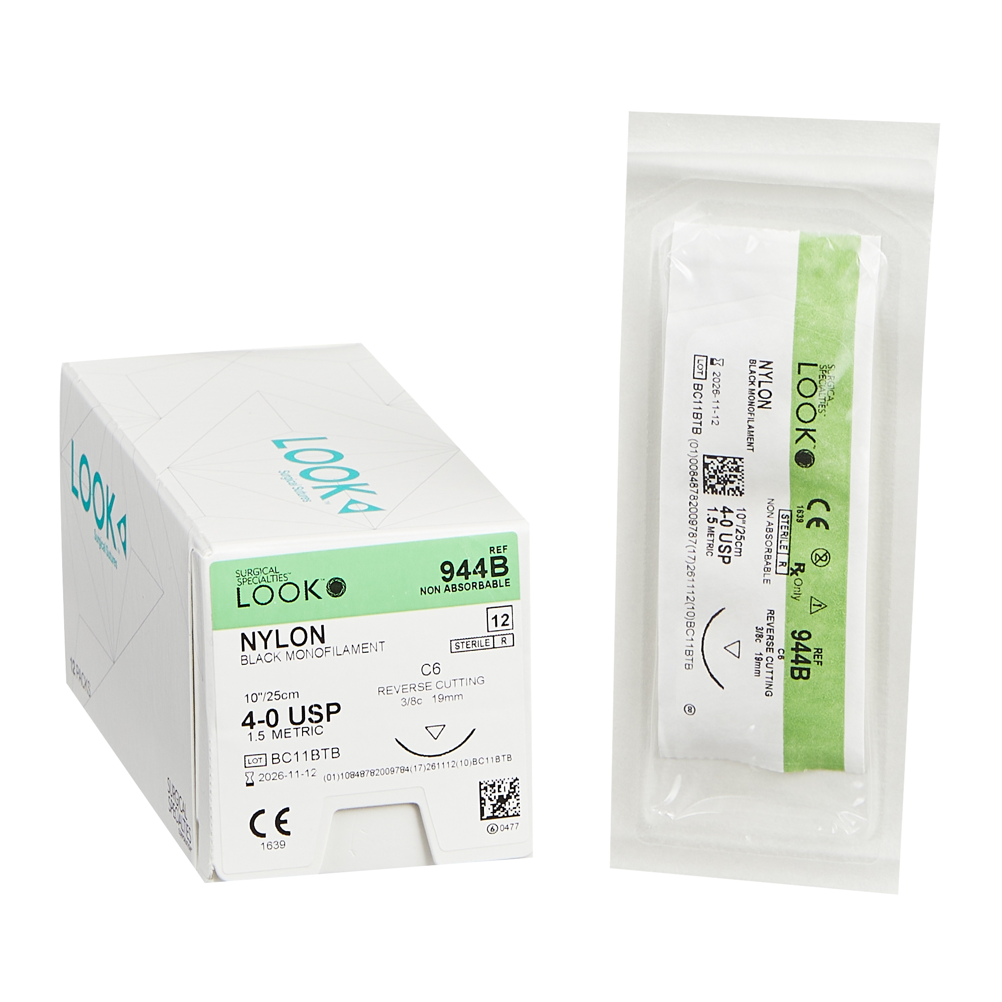 Suture with Needle LOOK® Nonabsorbable Uncoated Black Suture Monofilament Nylon Size 4 - 0 10 Inch Suture 1-Needle 19 mm Length 3/8 Circle Reverse Cutting Needle Biopsy 10' FS-2 by Angiotech - Look Division - Surgical Specialties Corp.  ID 944B